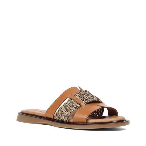 Kadın Taba Örgü Desenli Deri Terlik