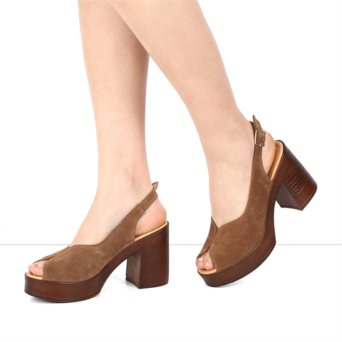 Kadın Taba Platform Topuklu Süet Deri Sandalet