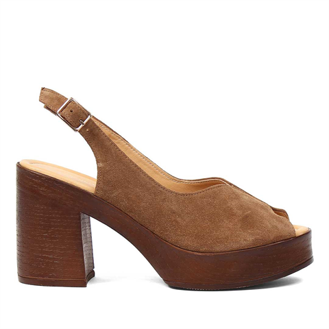 Kadın Taba Platform Topuklu Süet Deri Sandalet