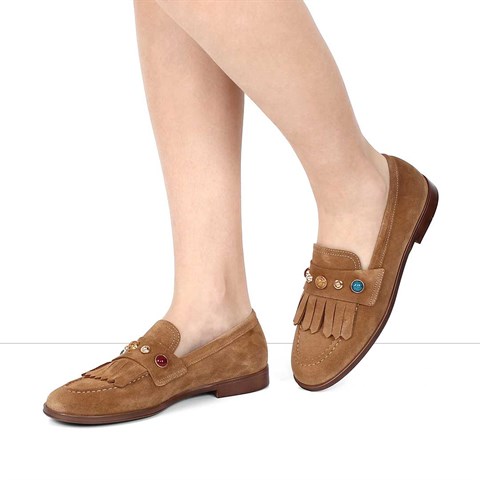 Kadın Taba Püsküllü Süet Deri Loafer