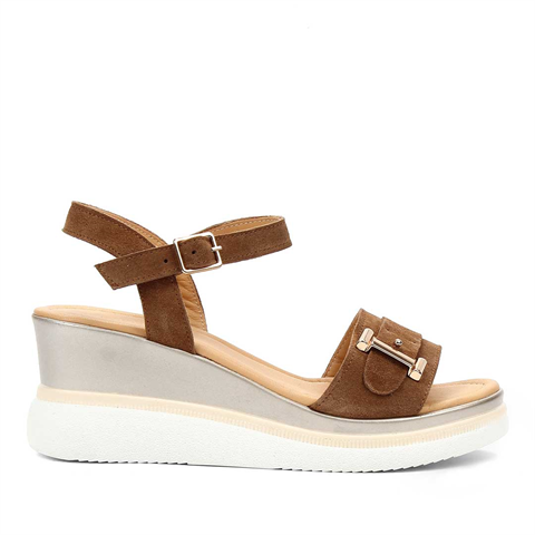 Kadın Taba Tokalı Dolgu Topuklu Süet Deri Sandalet