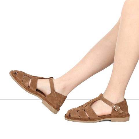 Kadın Taba Tokalı Gladyatör Süet Deri Sandalet