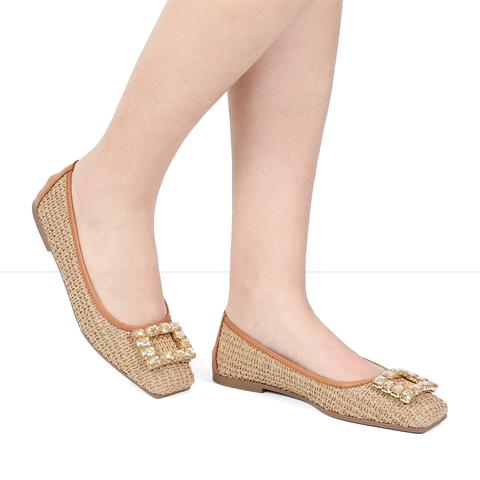 Kadın Taba Tokalı Hasır Deri Babet