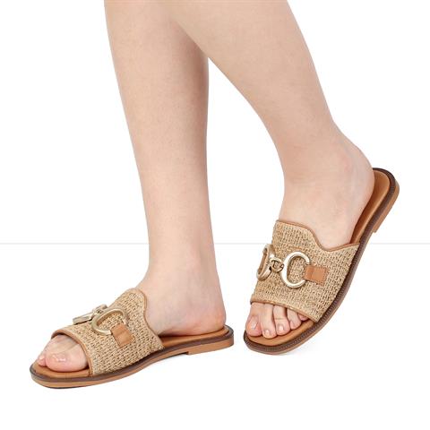 Kadın Taba Tokalı Hasır Deri Terlik