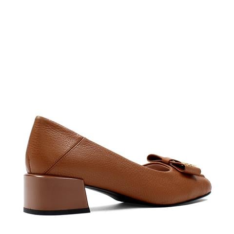 Kadın Taba Tokalı Kalın Topuklu Deri Klasik Ayakkabı