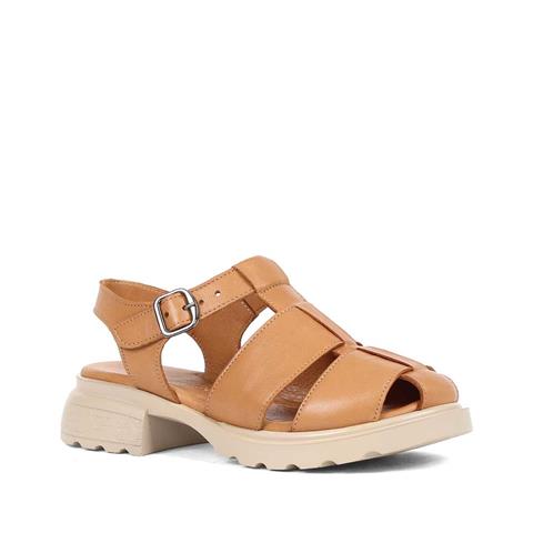 Kadın Taba Tokalı Kalın Topuklu Deri Sandalet