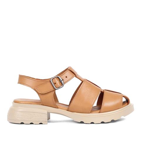 Kadın Taba Tokalı Kalın Topuklu Deri Sandalet