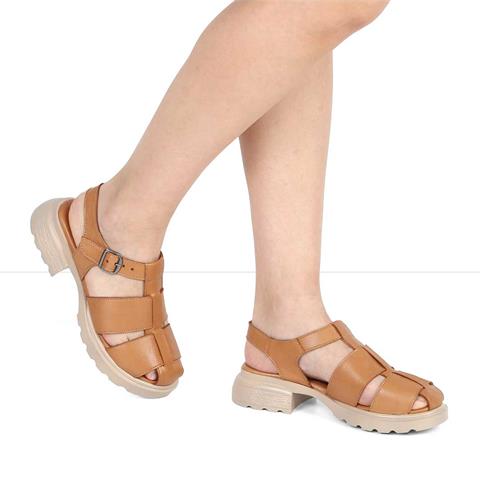 Kadın Taba Tokalı Kalın Topuklu Deri Sandalet