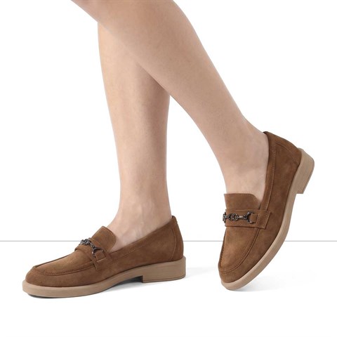 Kadın Taba Tokalı Süet Deri Loafer