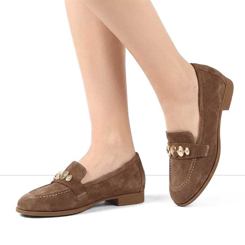 Kadın Taba Tokalı Süet Deri Loafer