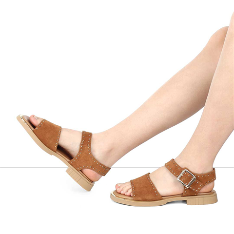 Kadın Taba Tokalı Süet Deri Sandalet