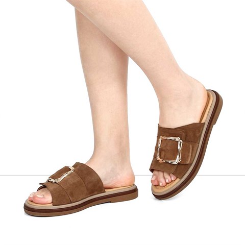 Kadın Taba Tokalı Süet Deri Terlik