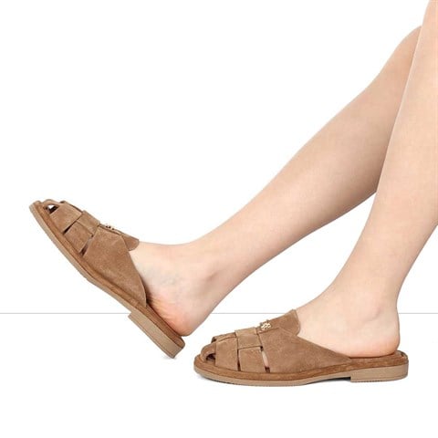 Kadın Taba Tokalı Süet Deri Terlik