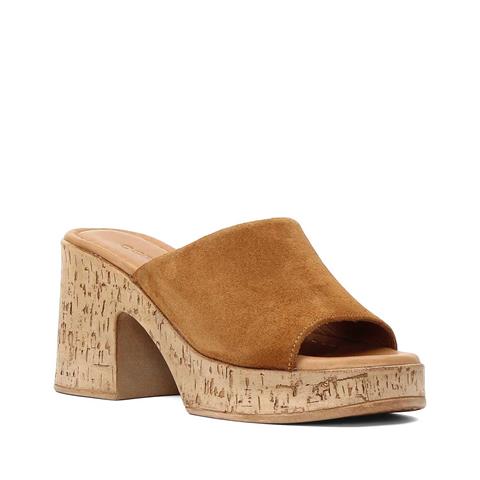 Kadın Taba Yüksek Kalın Topuklu Süet Deri Terlik