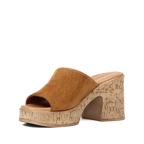 Kadın Taba Yüksek Kalın Topuklu Süet Deri Terlik