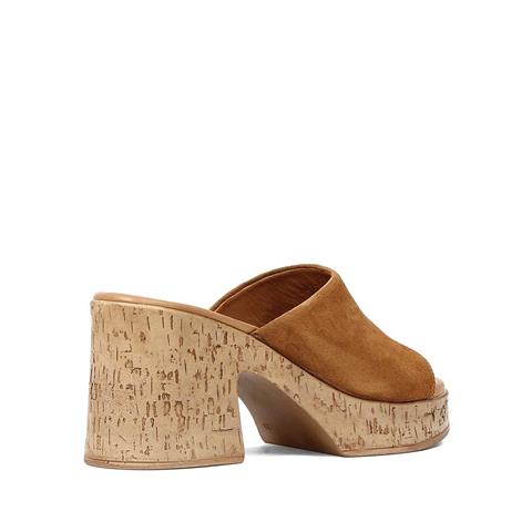 Kadın Taba Yüksek Kalın Topuklu Süet Deri Terlik