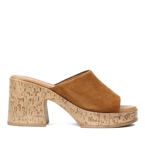 Kadın Taba Yüksek Kalın Topuklu Süet Deri Terlik