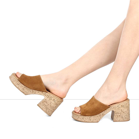 Kadın Taba Yüksek Kalın Topuklu Süet Deri Terlik