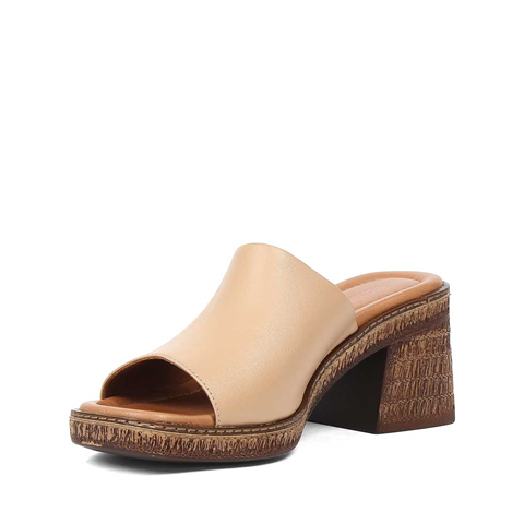 Kadın Ten Kalın Topuklu Deri Terlik