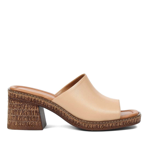 Kadın Ten Kalın Topuklu Deri Terlik