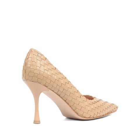 Kadın Ten Örgü İnce Topuklu Deri Klasik Ayakkabı