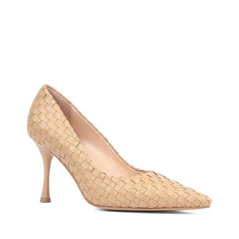 Kadın Ten Örgü İnce Topuklu Deri Klasik Ayakkabı