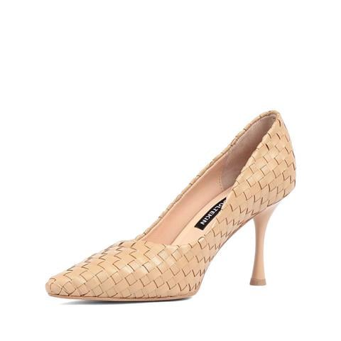 Kadın Ten Örgü İnce Topuklu Deri Klasik Ayakkabı