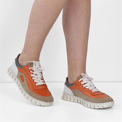 Kadın Turuncu Bağcıklı Dikiş Detaylı Süet Deri Sneaker