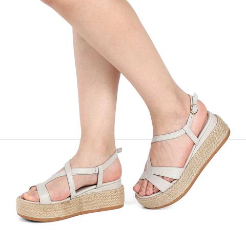 Kadın Vizon Hasır Tabanlı Deri Sandalet