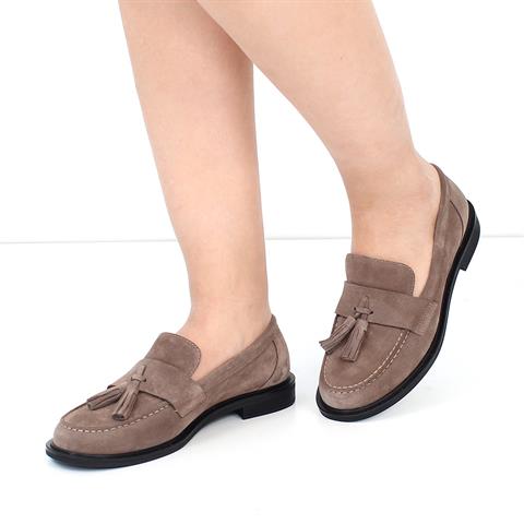 Kadın Vizon Püsküllü Süet Deri Loafer