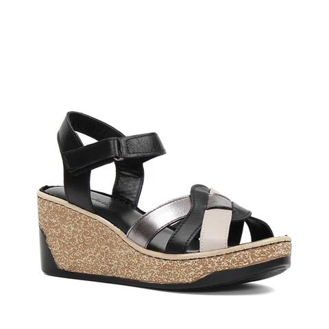 Kadın Vizon Siyah Dolgu Topuklu Deri Sandalet