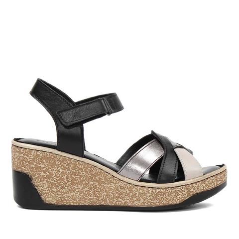 Kadın Vizon Siyah Dolgu Topuklu Deri Sandalet