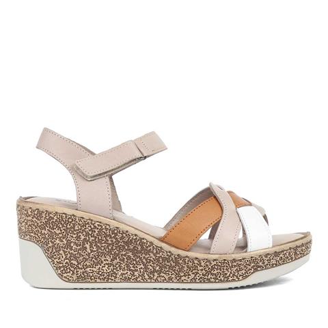 Kadın Vizon Taba Dolgu Topuklu Deri Sandalet