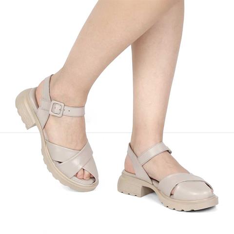 Kadın Vizon Tokalı Kalın Topuklu Deri Sandalet