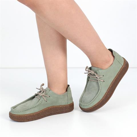 Kadın Yeşil Bağcıklı Kalın Tabanlı Nubuk Deri Ayakkabı