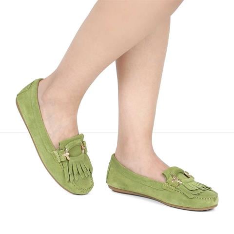 Kadın Yeşil Püsküllü Süet Deri Babet