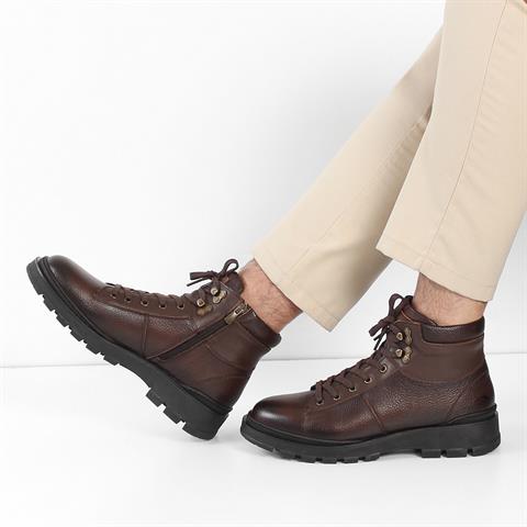 Erkek Kahverengi Bağcıklı Fermuarlı Deri Bot