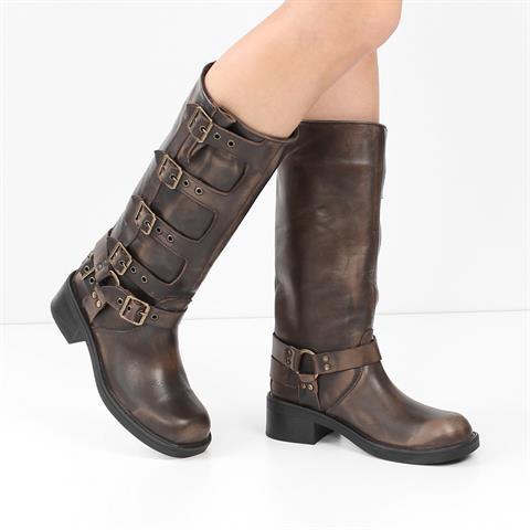 Kadın Kahverengi Tokalı Deri Çizme