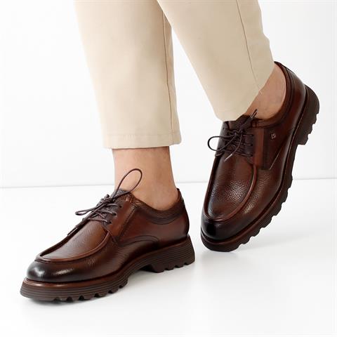 Erkek Kahverengi Bağcıklı Kalın Tabanlı Deri Günlük Ayakkabı