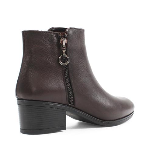 Kadın Kahverengi Çift Fermuarlı Kalın Topuklu Deri Bot