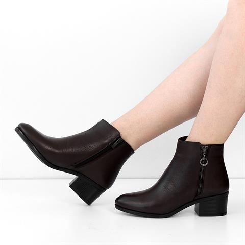 Kadın Kahverengi Çift Fermuarlı Kalın Topuklu Deri Bot