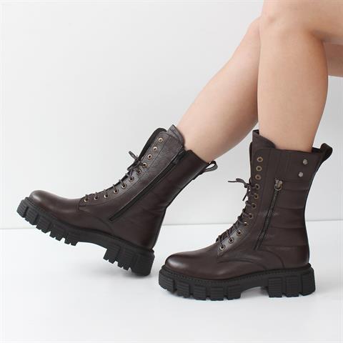 Kadın Kahverengi Fermuarlı Kalın Tabanlı Deri Postal Bot