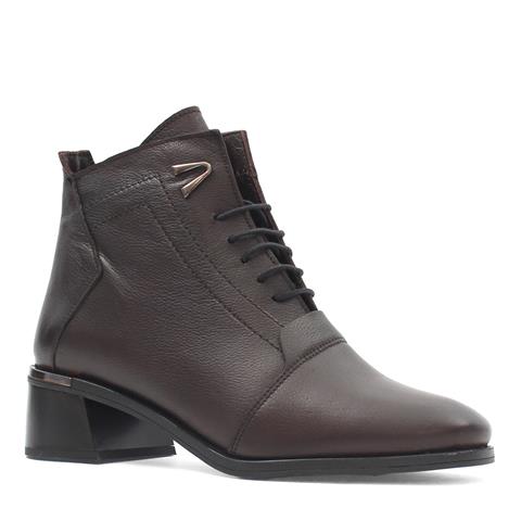 Kadın Kahverengi Fermuarlı Sivri Burunlu Deri Bot