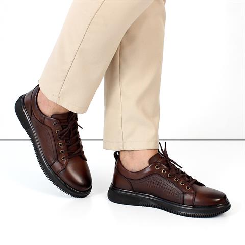 Erkek Kahverengi Bağcıklı Baskılı Deri Sneaker