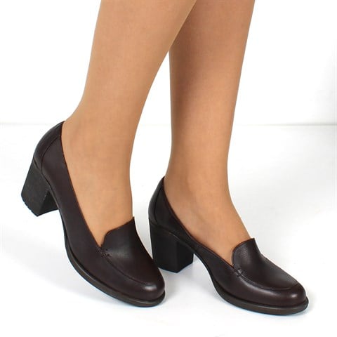 Kadın Kahverengi Kalın Topuklu Deri Klasik Ayakkabı