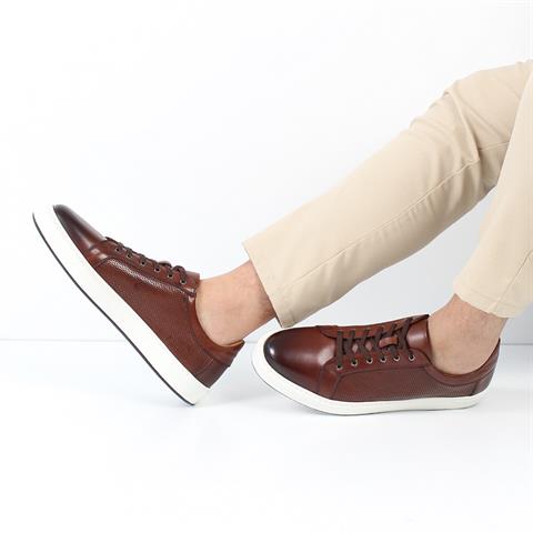 Erkek Kahverengi Bağcıklı Kalın Tabanlı Deri Sneaker
