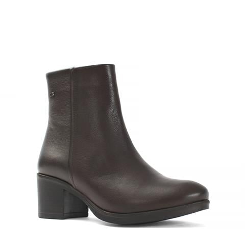 Kadın Kahverengi Fermuarlı Kalın Topuklu Deri Bot