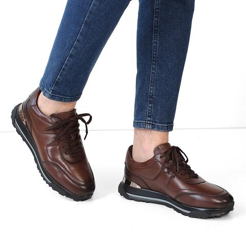 Erkek Kahverengi Bağcıklı Kalın Tabanlı Deri Sneaker