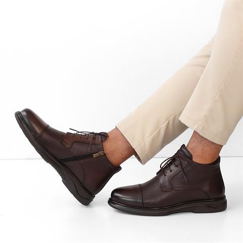 Erkek Kahverengi Bağcıklı Fermuarlı Deri Bot