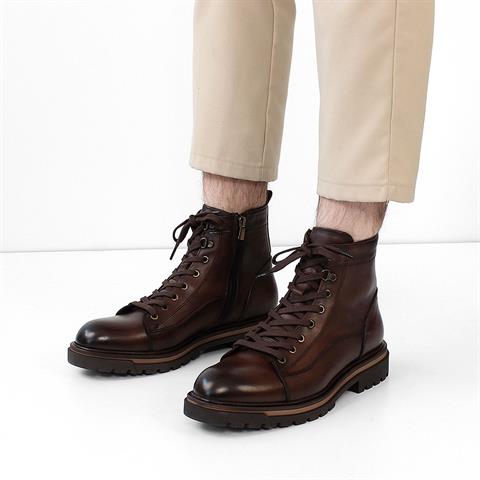 Erkek Kahverengi Bağcıklı Fermuarlı Deri Bot